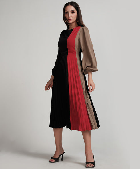 Three Coloured Pleated Solid Dress